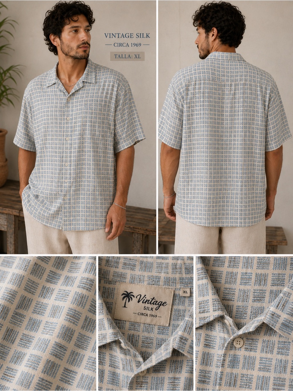 NWT Vintage Silk Circa 1969 Men’s Button Up Shirt XL Blue Beige Geometric Print